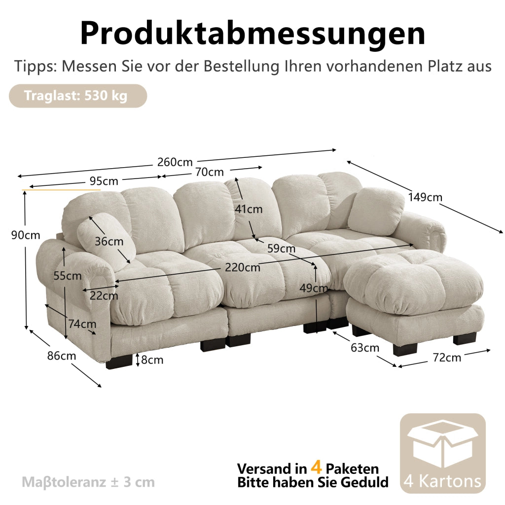 Divano angolare 3 posti modulare con pouf mobile e cuscino, in Ciniglia, Beige chiaro