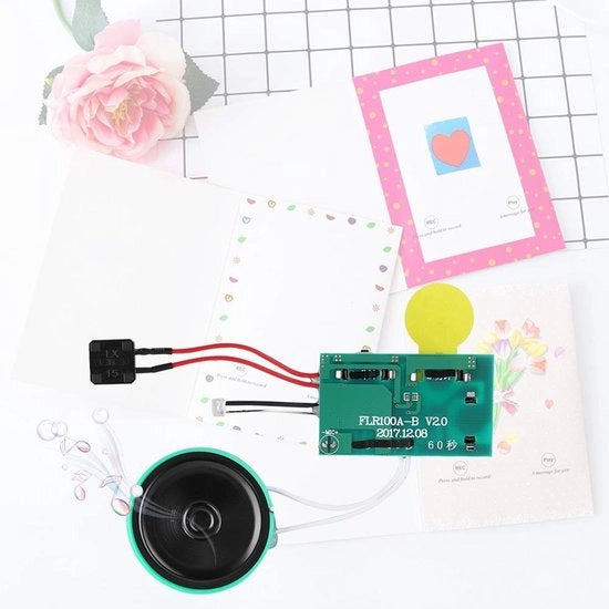 Modulo di registrazione 60 secondi - Chip di registrazione - Carta di desideri DIY - Modalità di riproduzione ripetuta/annuale - 3 batterie al knoopcel - 46 x 27 x 10 mm - Modulo di audio