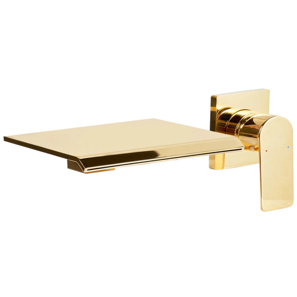 Rubinetto a cascata per lavabo a parete in ottone oro monocomando
