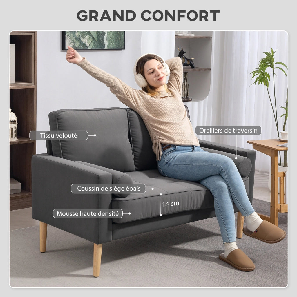 Divano 2 Posti in Velluto ¨C Zephmum ¨C Grigio, Trapuntato, con Cuscini