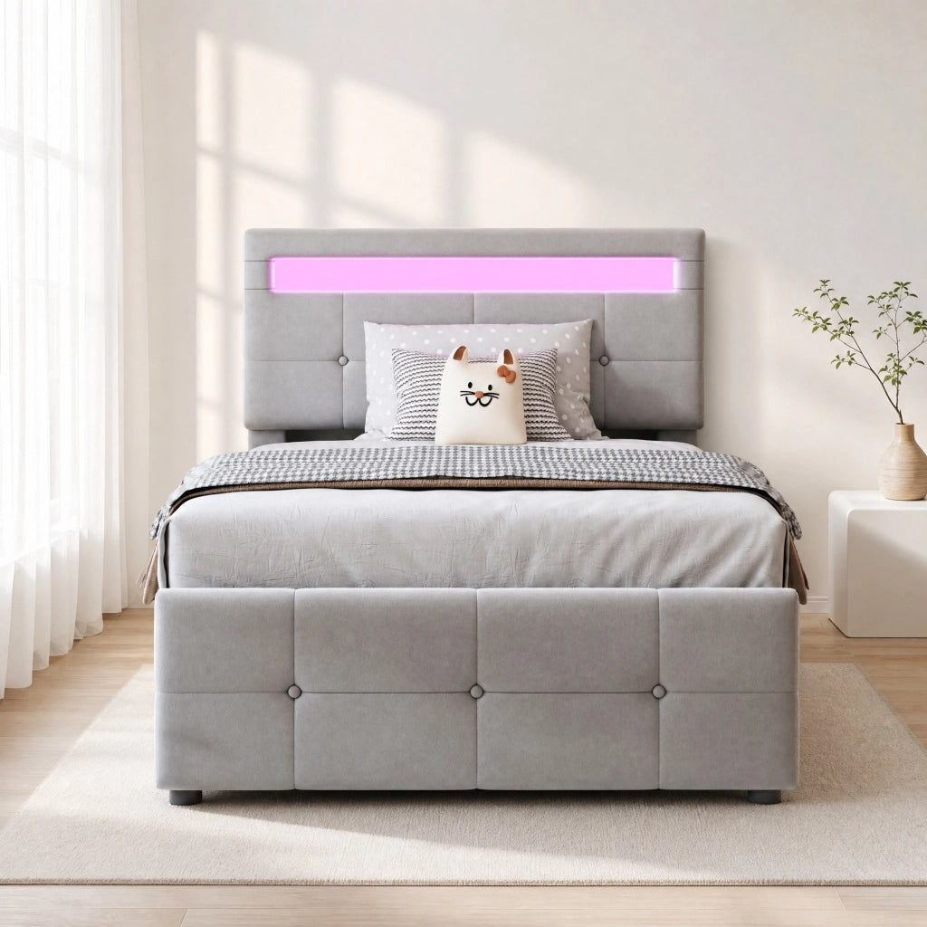 LETTO per bambini 90x200 cm con LED, contenitore, velluto grigio