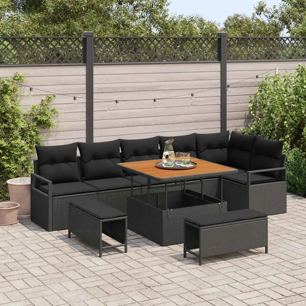 Set Divano da Giardino con cuscino 9 pcs Nero Poly Rattan 3362534