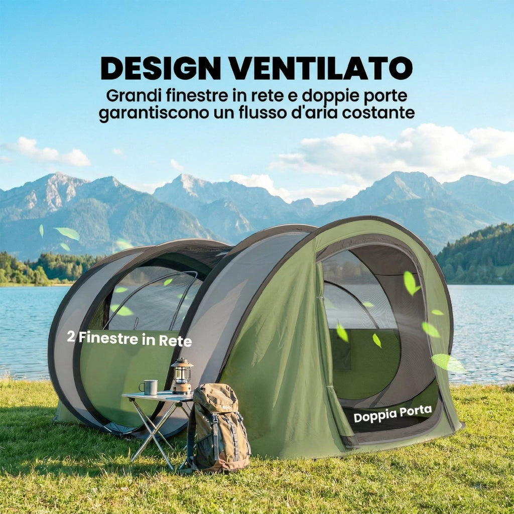 Tenda da Campeggio Pop-Up 4-5 Persone ¨C Minimal ¨C Verde, Impermeabile, 2 Porte, 2 Finestre