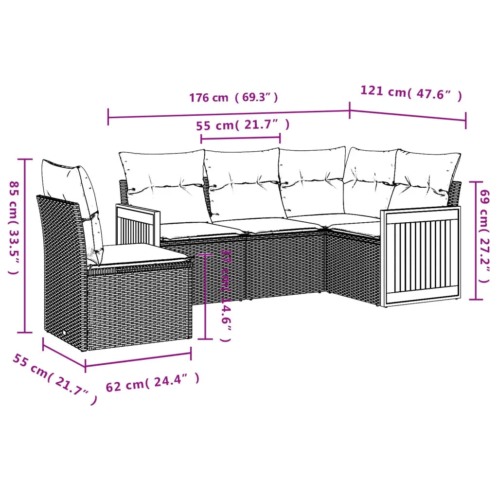 Set Divano da Giardino 5 pz con Cuscini-Sofa da Giardino-Divanetto da esterno Grigio in Polyrattan 916034