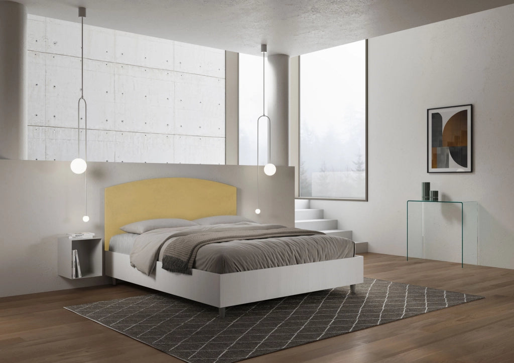 BS COM Letto matrimoniale con rete 160x200 bianco frassino testata microfibra ocra