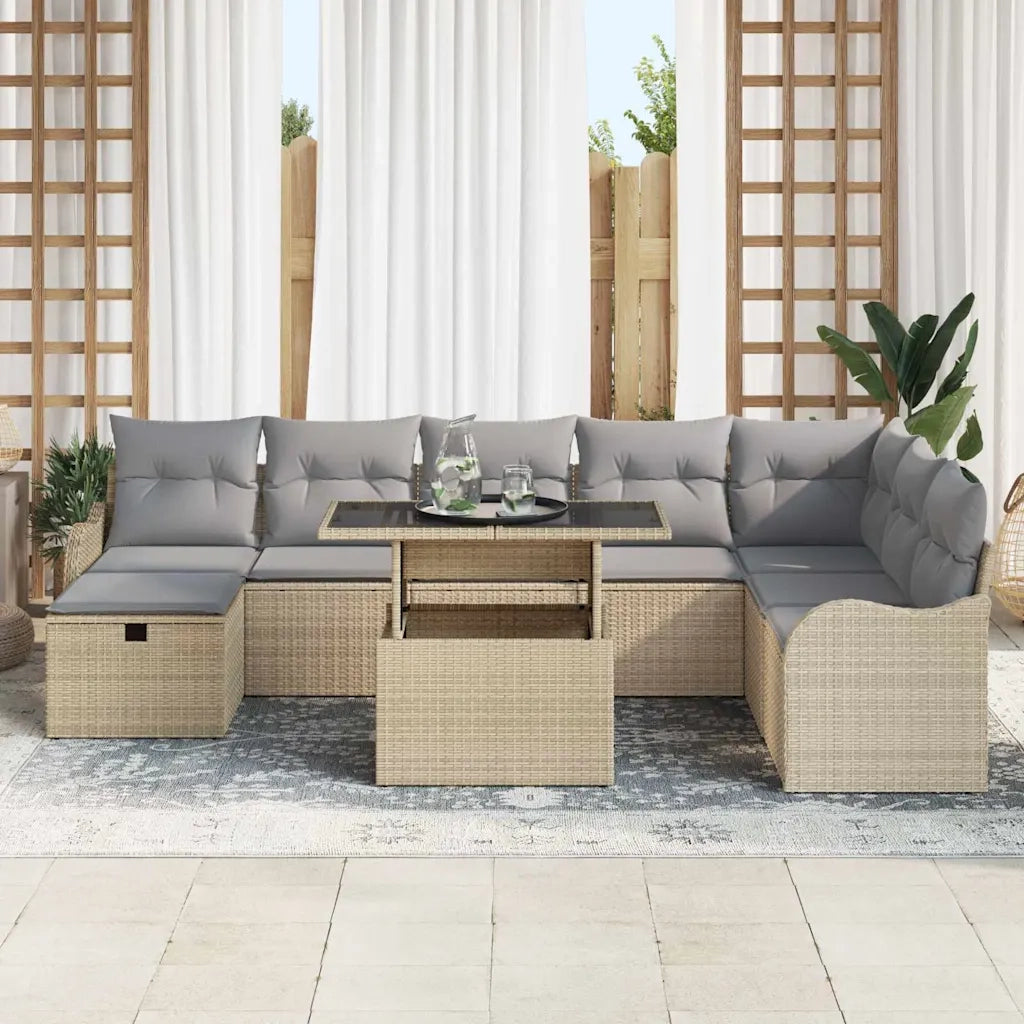 Set Divano da Giardino con cuscino 9 pcs Beige Poly Rattan