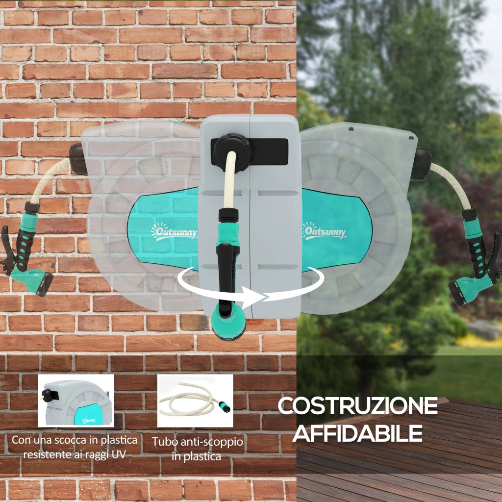 Avvolgitubo Automatico a Parete e Portatile Lunghezza 30+2 m, Sistema di Blocco e 7 Getti, Verde