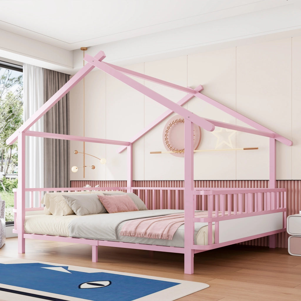 Letto per bambini in metallo con design a casetta 140 x 200 cm, rosa