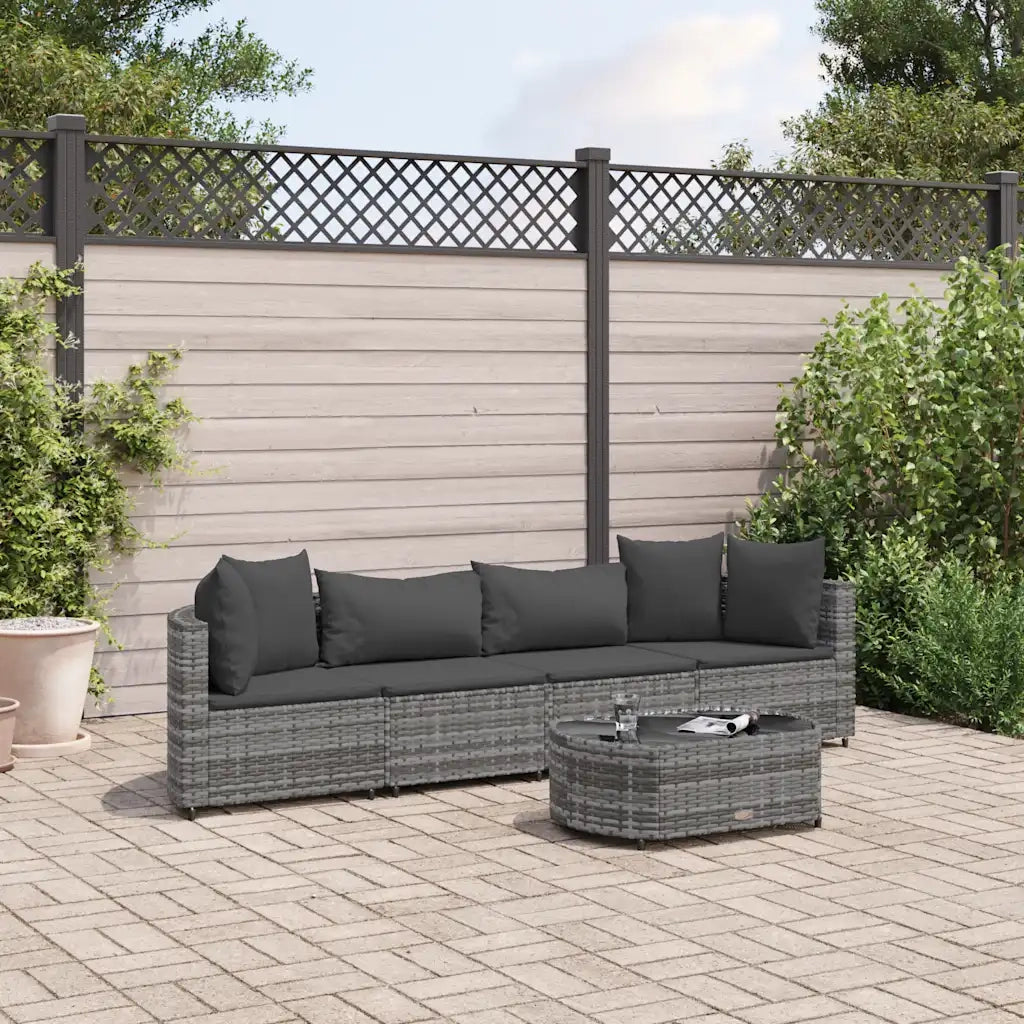 Set Divano da Giardino 5 pz con Cuscini Grigio in Polyrattan