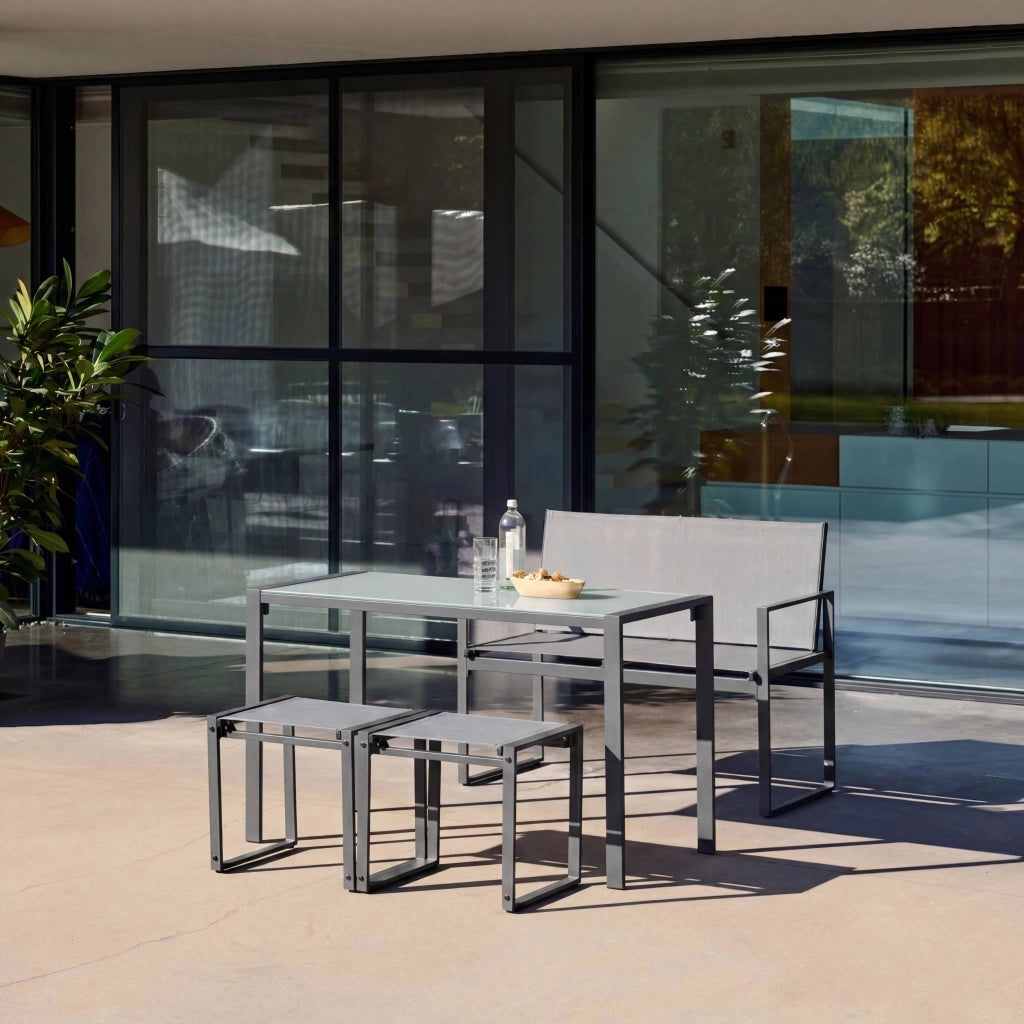 Set tavolo da giardino incastrabile in acciaio e textilene con 4
