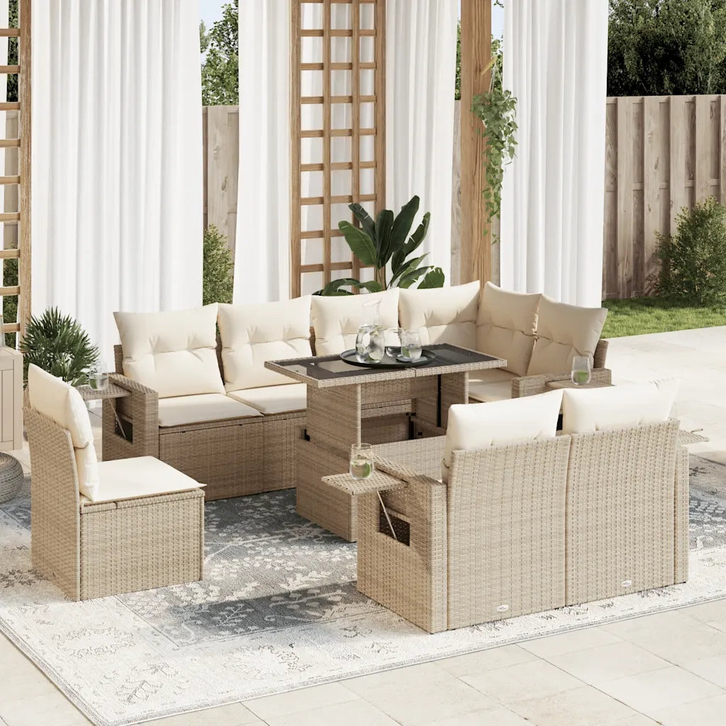 Set Divano da Giardino 9 pz con Cuscini Beige in Polyrattan 3326499