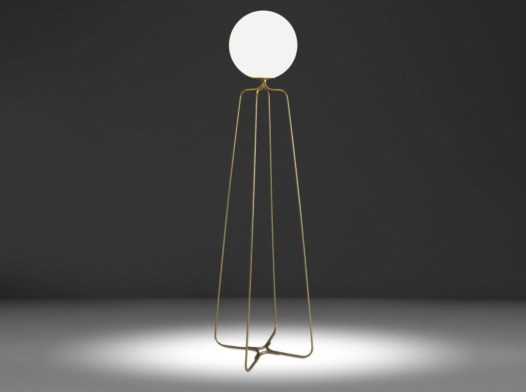Lampada da terra in acciaio dorato e vetro bianco