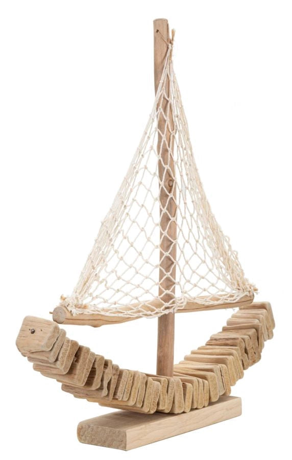 Scultura Barca a Vela in Legno con Rete in Tessuto 45x45 cm - BOAT