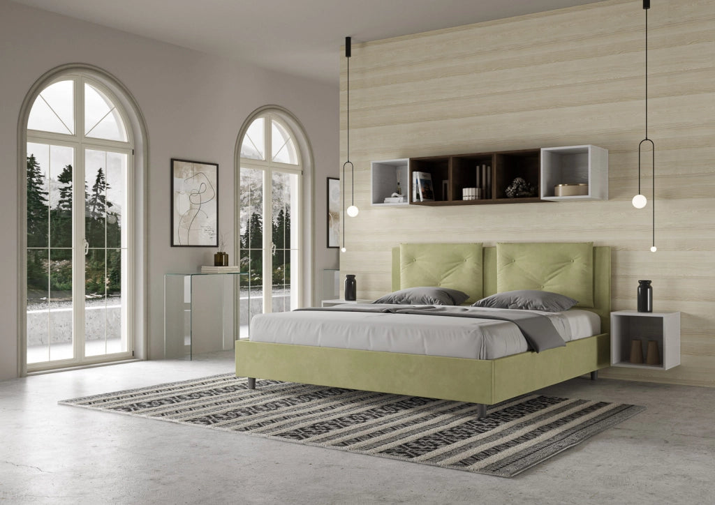 BS COM Letto matrimoniale king size con rete imbottito 190x190 microfibra tè verde