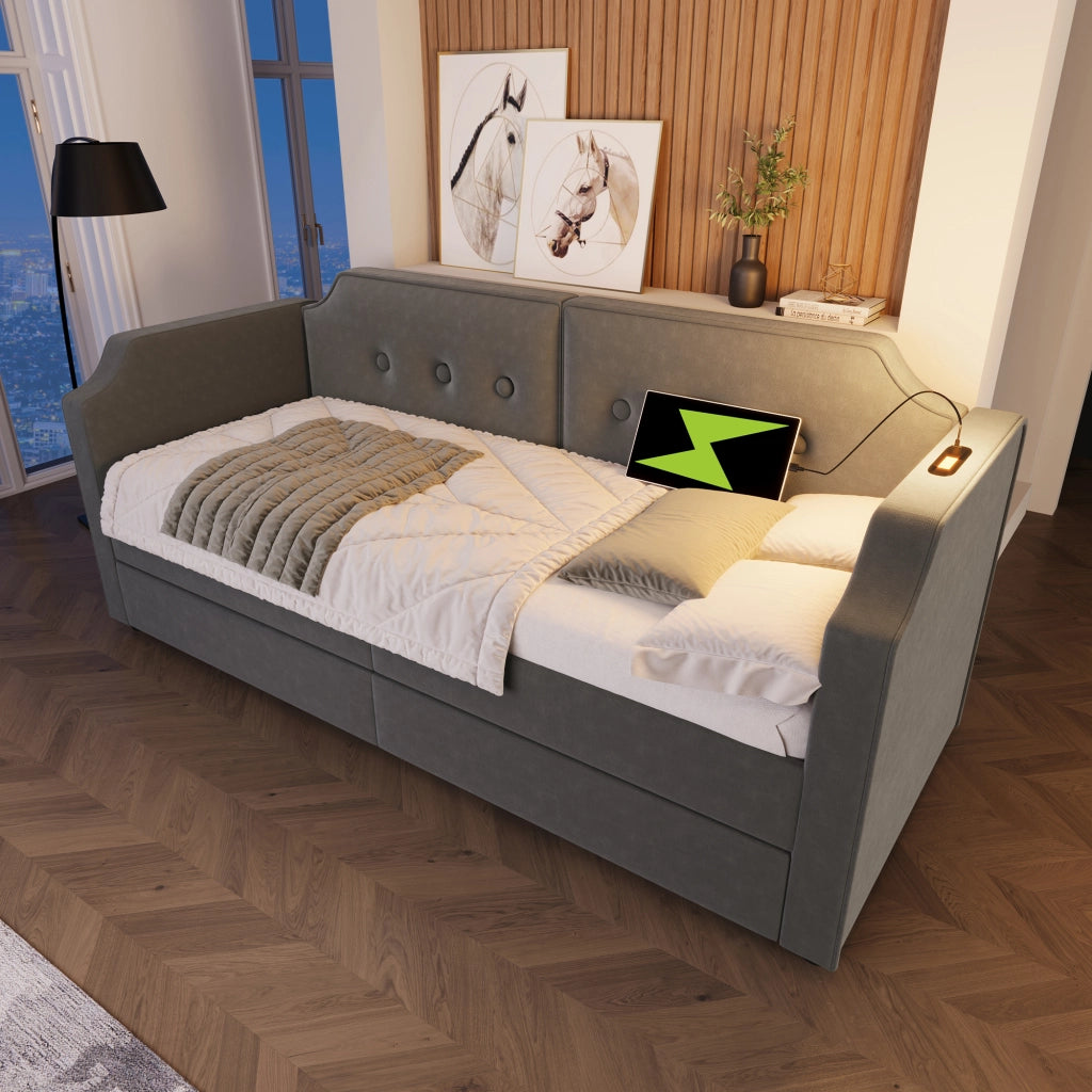 LETTO 90x200 cm in velluto grigio con 2 cassetti, USB Type-C e lampada da lettura