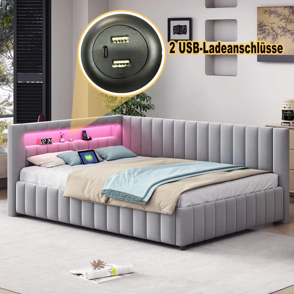 Letto Imbottito con LED e USB ¨C MINIMAL ¨C Velluto Grigio 140x200