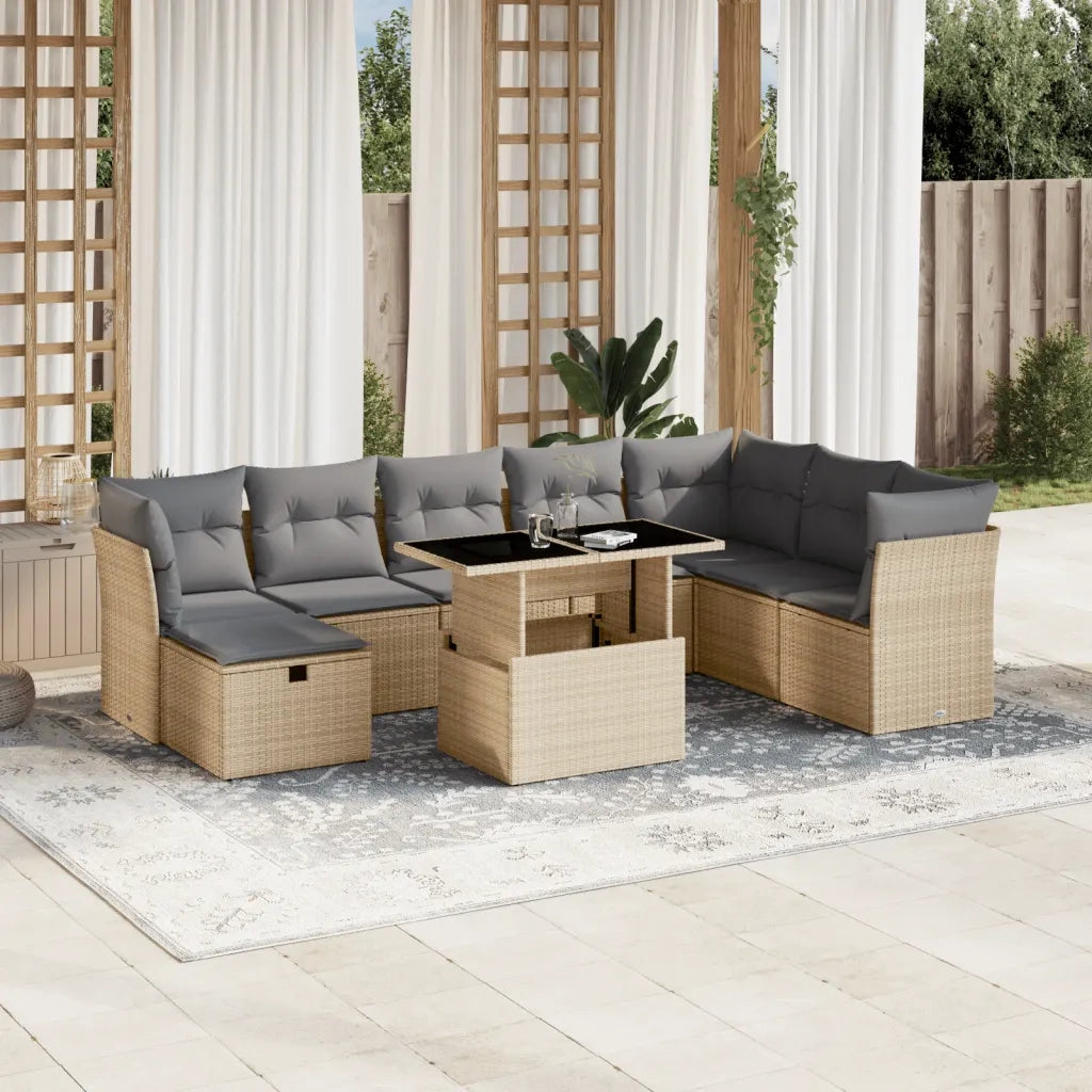 Set Divano da Giardino 9 pz con Cuscini Beige in Polyrattan