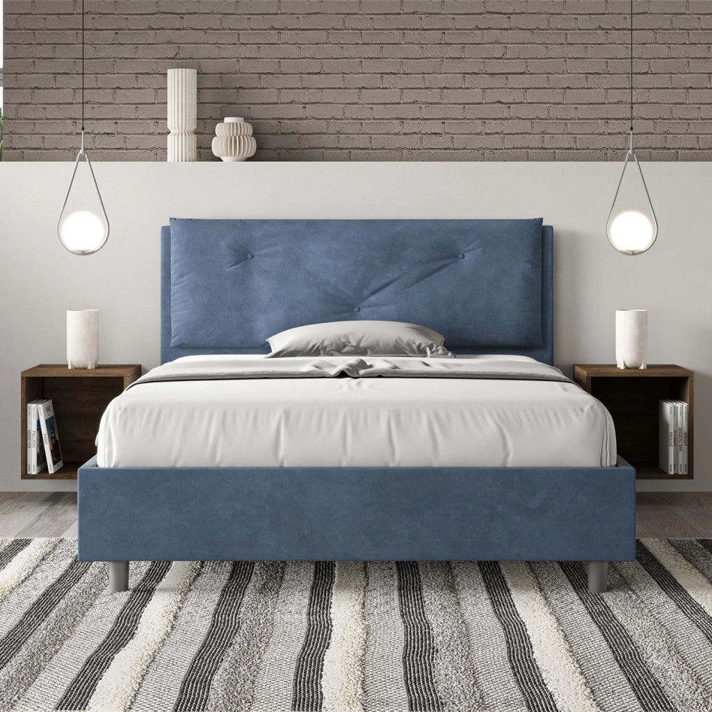 BS COM Letto matrimoniale francese contenitore imbottito 140x190 microfibra blu Large