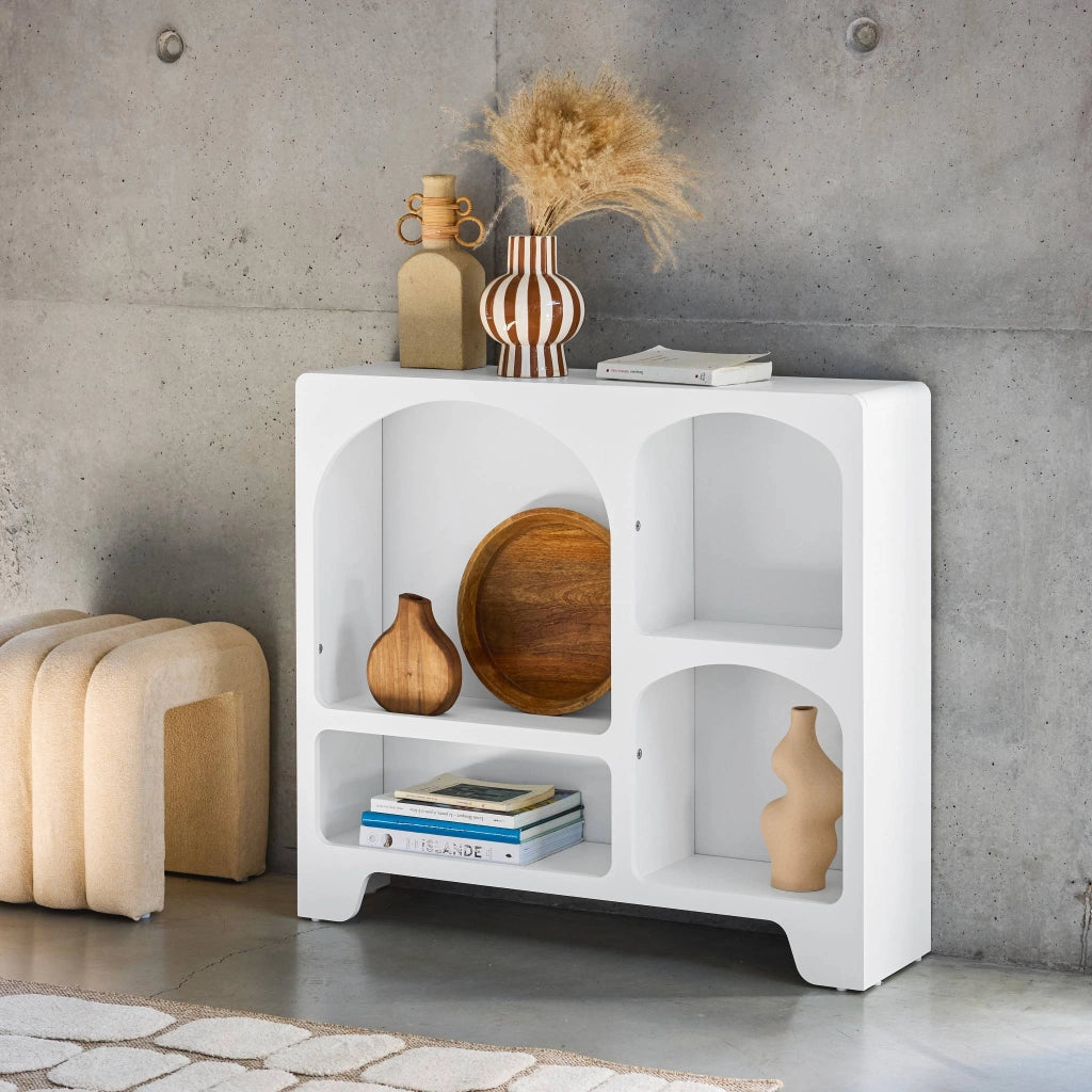 Credenza organica a 4 scomparti effetto legno bianco, 90cm, bianco