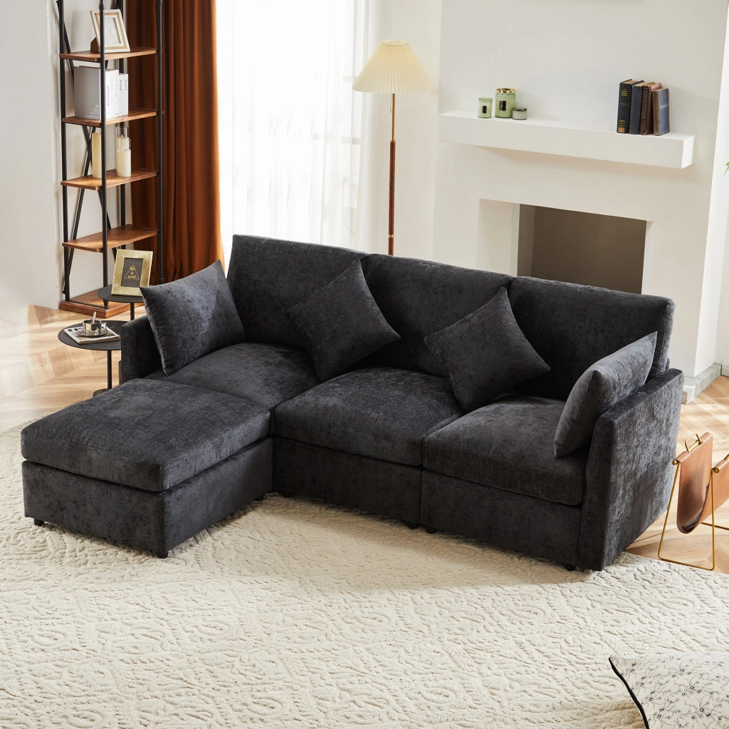 Divano angolare L convertibile in 3 posti - Zephmum- Grigio con cuscini in chenille e pouf mobile