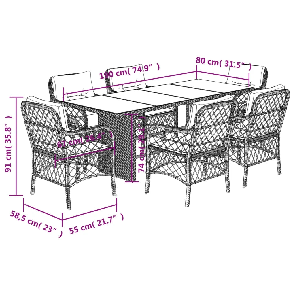 Set da Pranzo da Giardino 7 pz Nero con Cuscini in Polyrattan 3212054