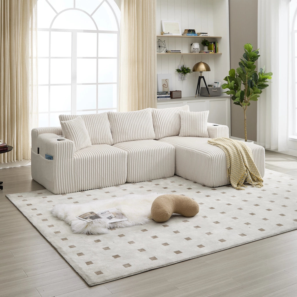 Divano Modulare con Chaise Longue e 2 Posti ¨C MINIMAL ¨C Velluto a Coste, Cuscini, Portabicchieri