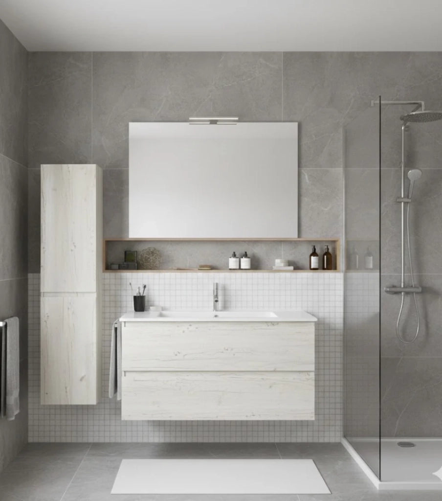 Mobile Bagno LOKI Già Montato 2 cassetti con piedini, lavabo e specchio Bianco nordico 100x45 cm con colonna