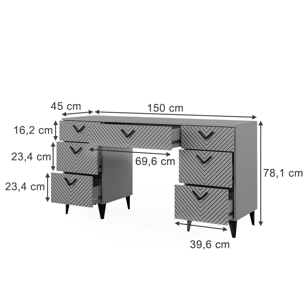 Vicco Scrivania Grigio 150 x 45 cm con 7 cassetti