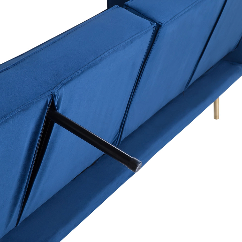 Divano letto in velluto blu a 3 posti con braccioli a binario moderno