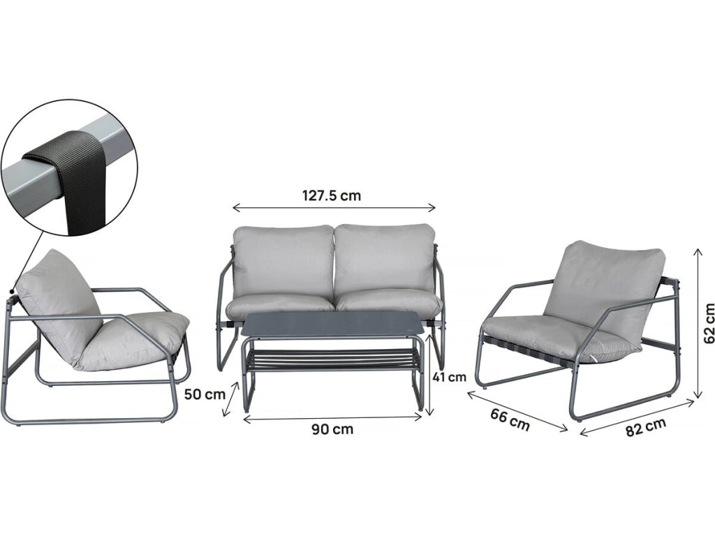 Set di mobili da giardino in metallo "Sora" con cuscini - 4 posti - Grigio