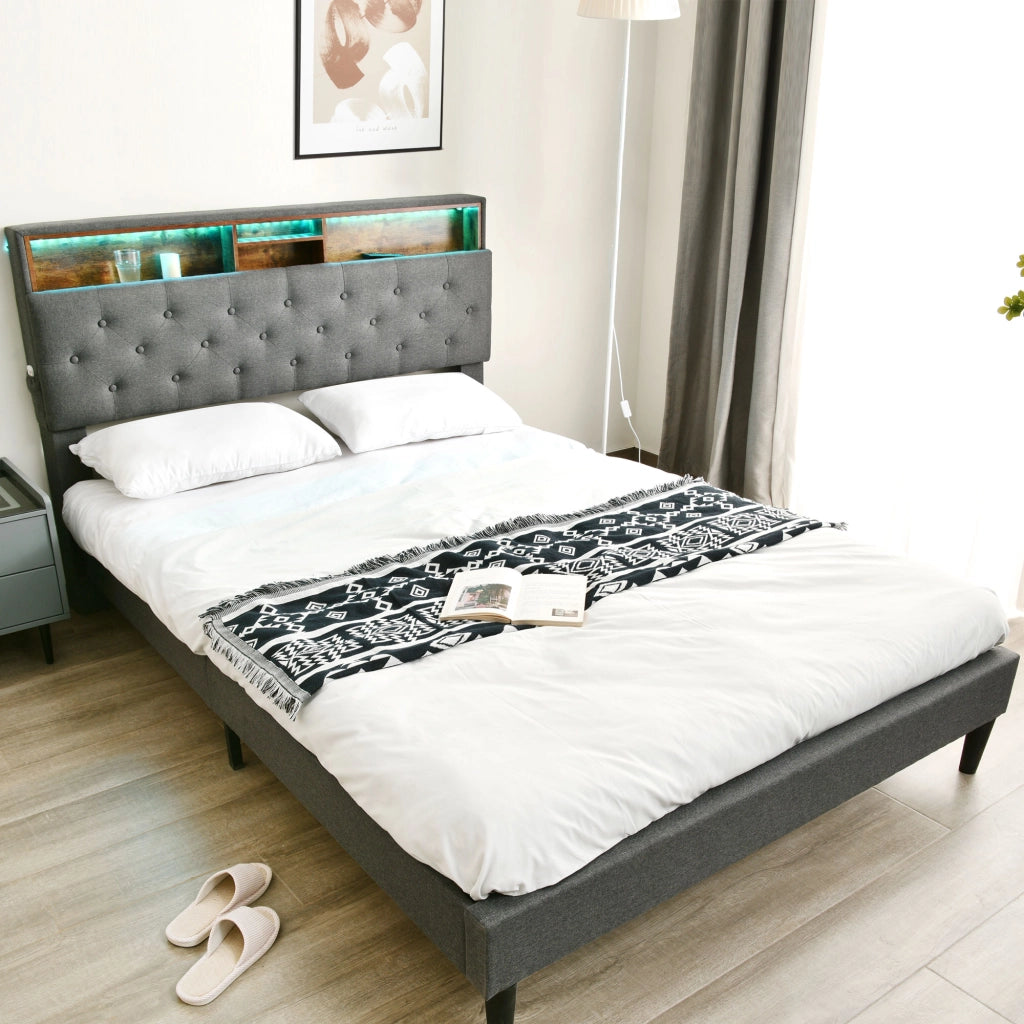 LETTO imbottito 140x200 cm Grigio con testiera contenitore e LED