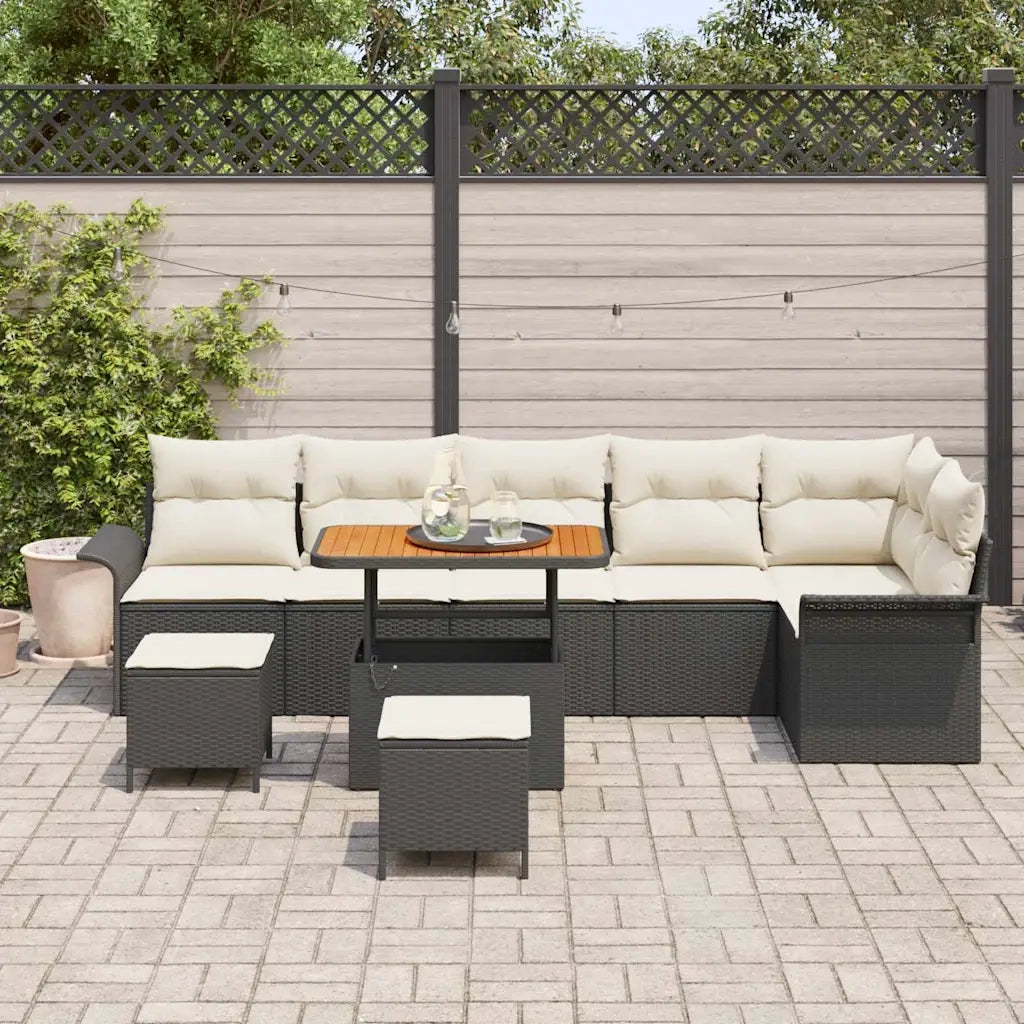 Set Divano da Giardino con cuscino 9 pcs Nero e Crema