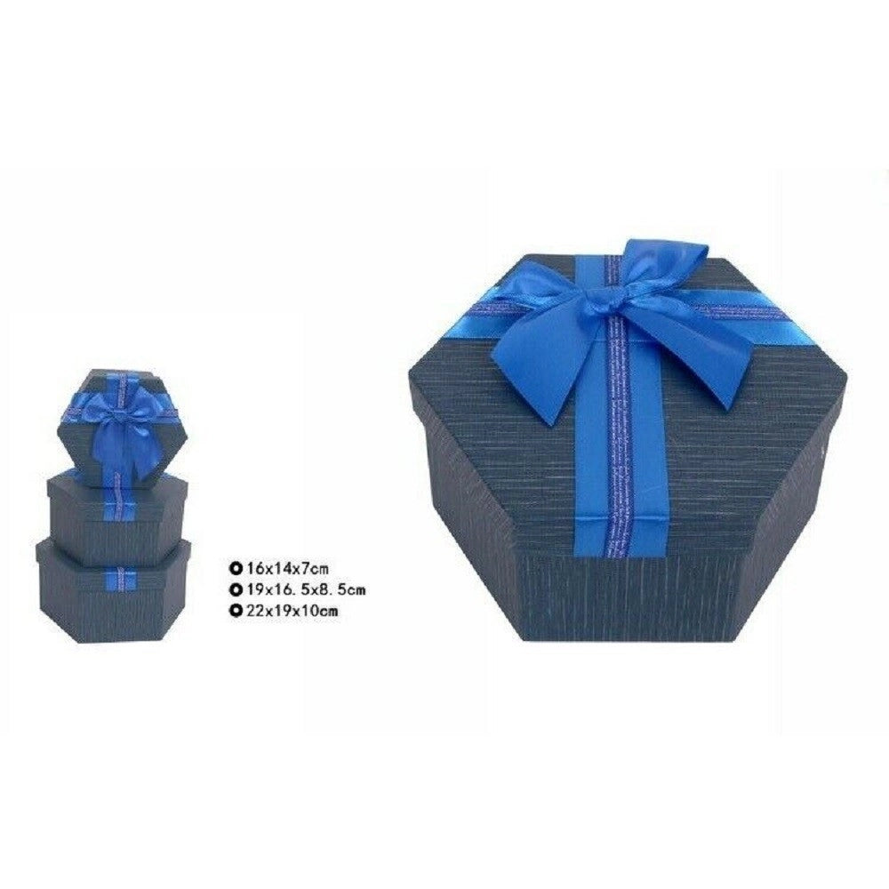 Trade Shop - Set 3 Pezzi Scatole Box Per Regali Varie Misure Esagonali Blu Con Fiocco 69352 -