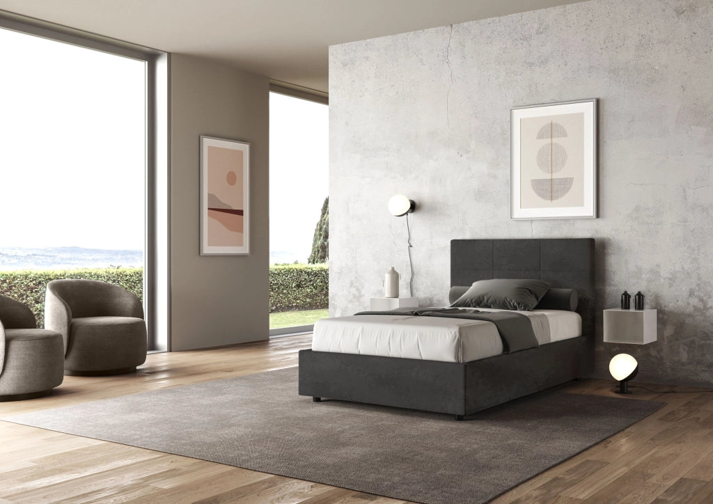 BS COM Letto una piazza e mezza con rete imbottito 120x210 microfibra grigio