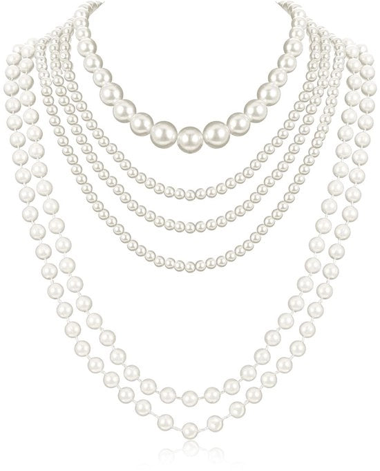 Set di Collana a Perle di 6 Pezzi - Collana Lunga a Perle - Perle Artificiale - Catenella a Strati - Stile Vintage Elegante - Ideale per Matrimonio/Festa - Accessori di Moda
