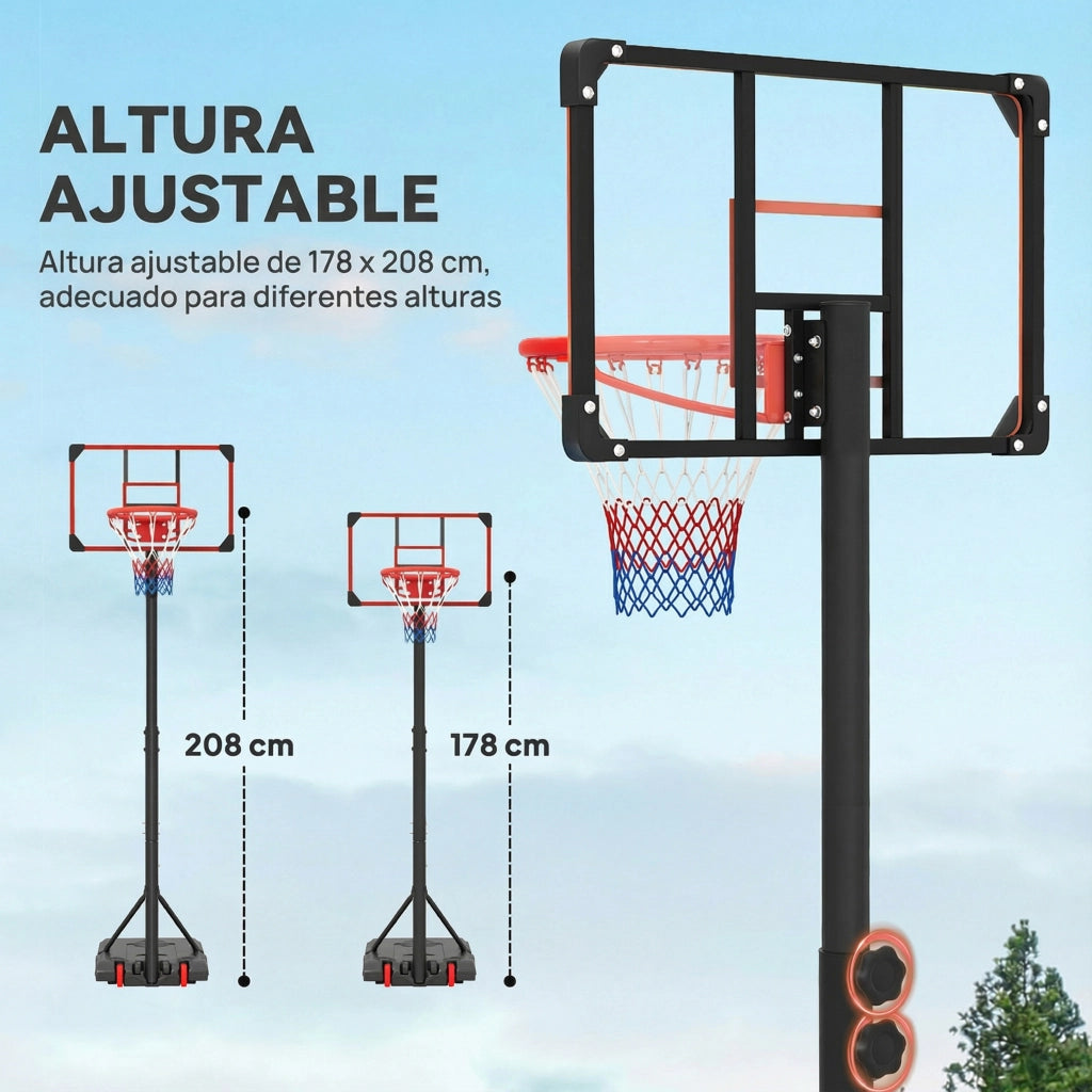 Canestro da Basket Regolabile 178-208 cm con Ruote e Base Riempibile ¨C Minimal ¨C Rosso e Nero