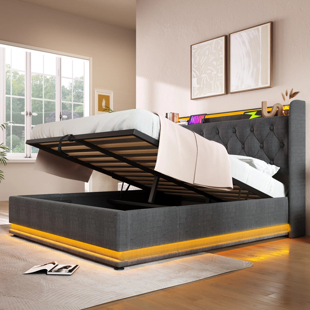 LETTO Contenitore 160x200 cm Grigio in lino con LED e USB Tipo-C