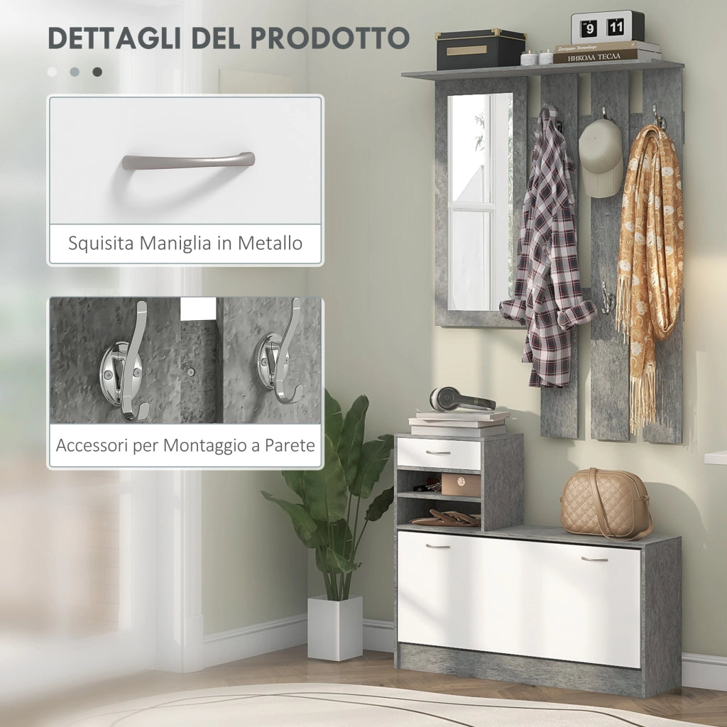 Mobile da Ingresso con Appendiabiti, Scarpiera e Specchio ¨C zephmum ¨C Grigio