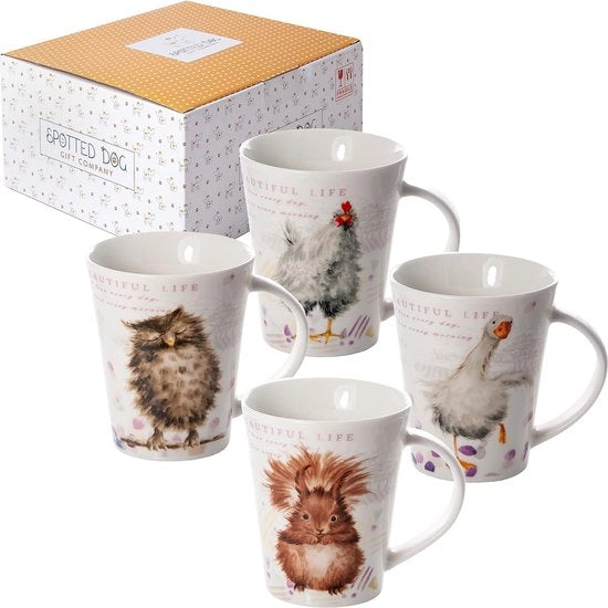 Set di tazze da caffè con motivi animali - Tazze da caffè ceramiche - Motivi Uccello, Scoiattolo, Anatra e Gallina - Regalo per gli amanti degli animali - Set da 4 pezzi