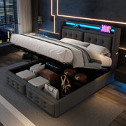 LETTO imbottito 140x200 cm in tessuto cotone-lino grigio con LED e porte USB