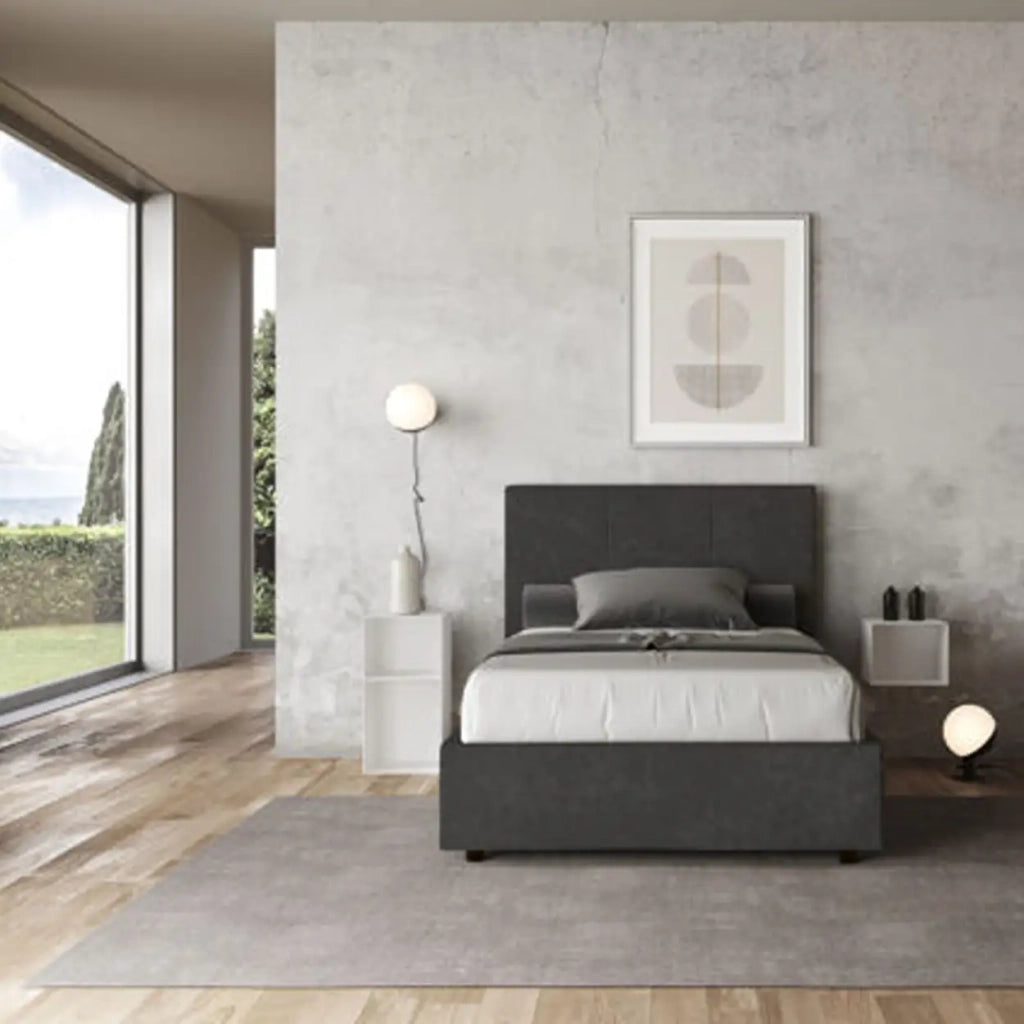 Letto una piazza e mezza contenitore imbottito 120x190 microfibra grigio Mika
