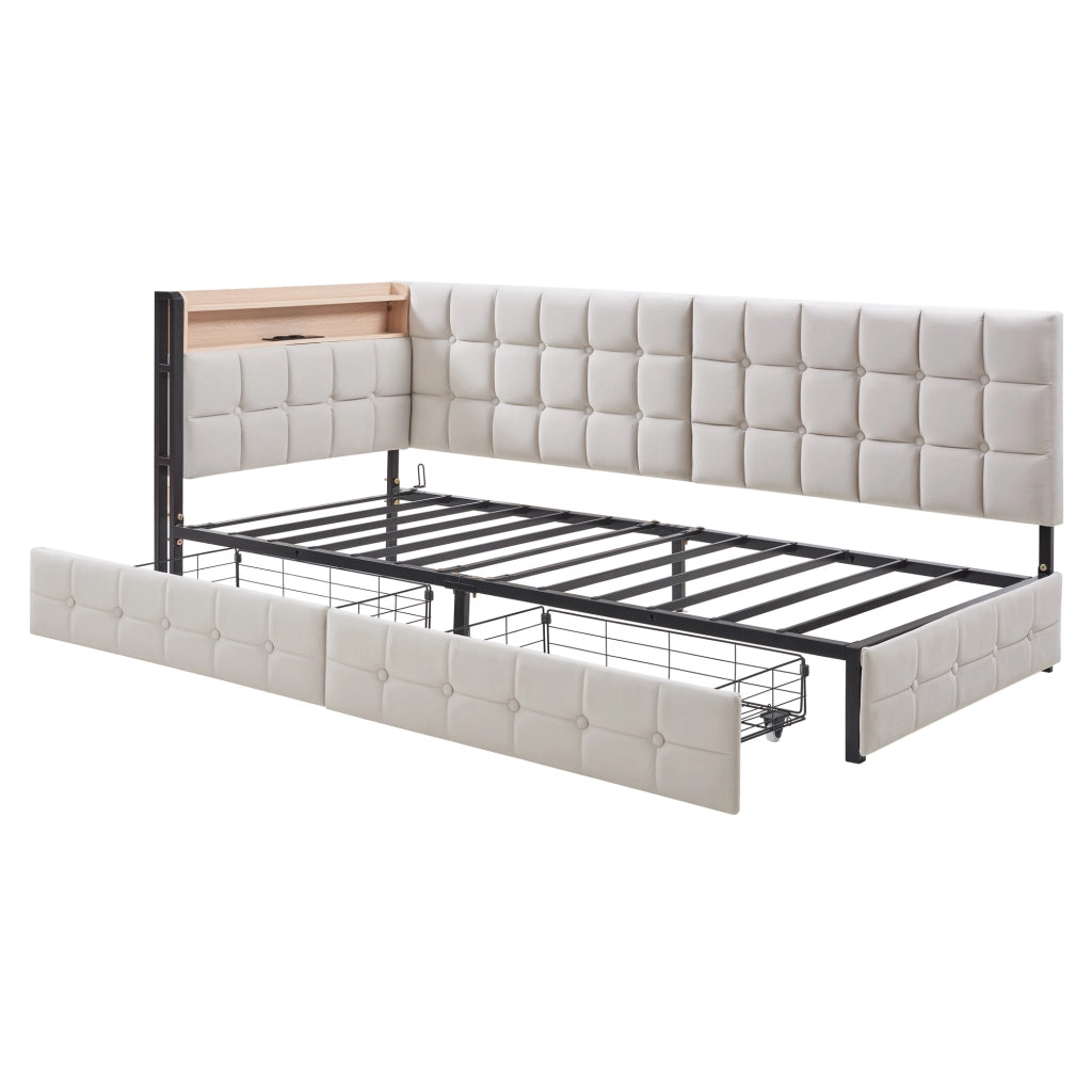 Divano letto imbottito 90x200 cm con 2 cassetti, LED, USB e Type-C, beige