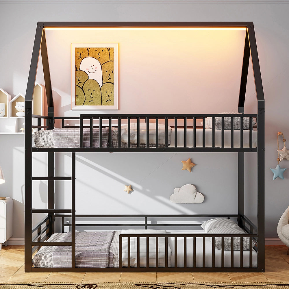 Letto a castello a casetta 140x200cm - Xylo - nero, LED, parapetti