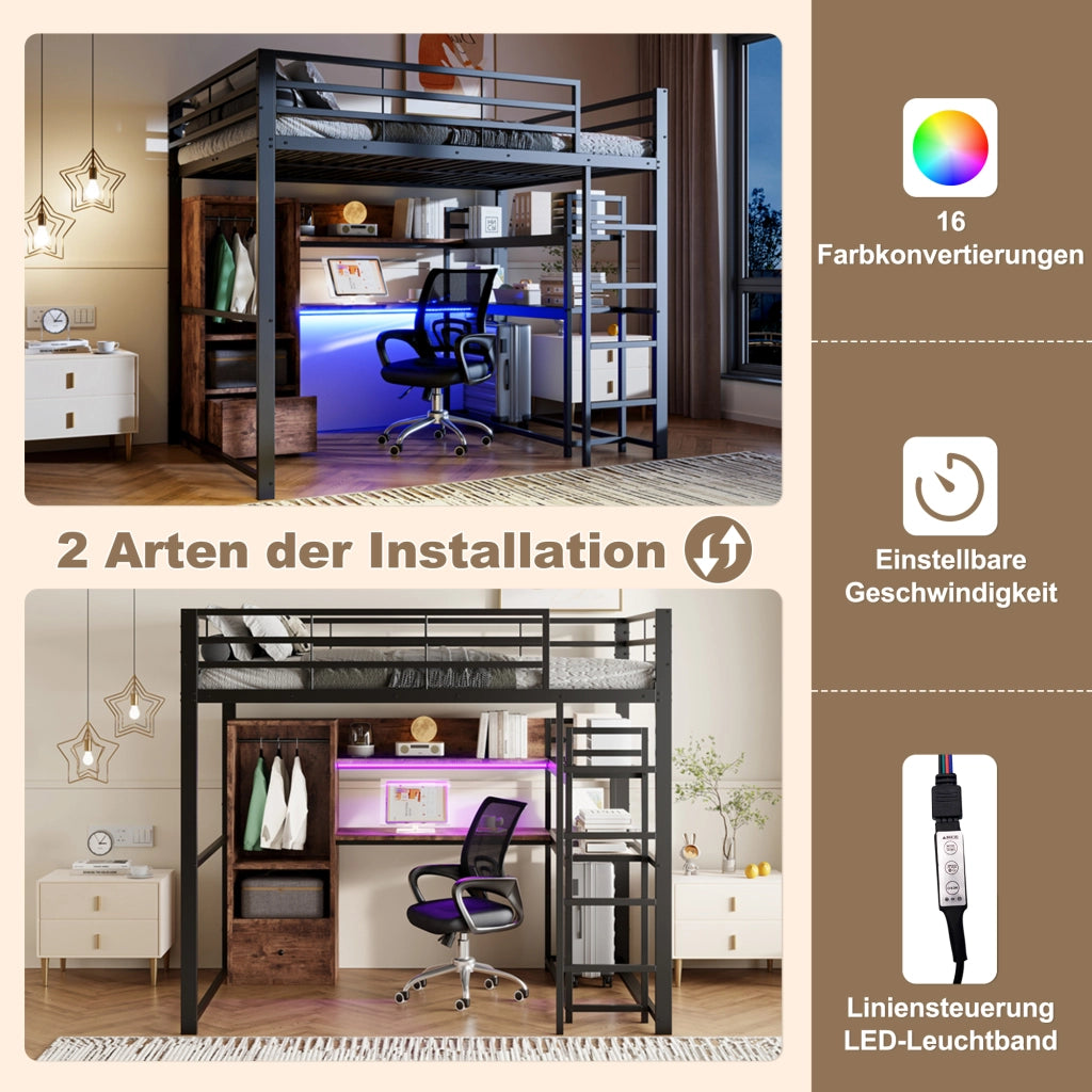 LETTO a soppalco con scrivania e LED 140x200 cm metallo e MDF nero