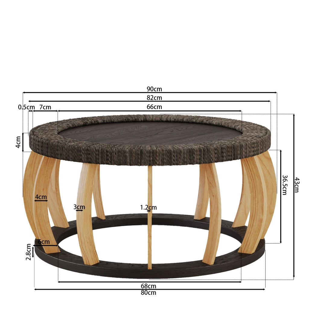 Tavolino da Caff¨¨ Rotondo in Legno Massello e Rattan ¨C Xylo ¨C Gambe Curve, Marrone Nero