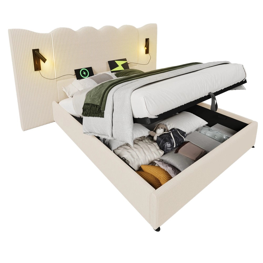 Letto Imbottito Contenitore Matrimoniale con Luce LED e USB ¨C MINIMAL ¨C Cordone Beige/Bianco, Doghe Massello, 180x200