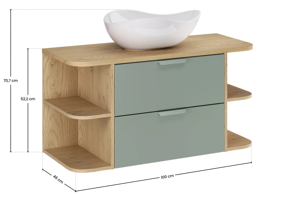 Set mobili bagno 100 cm con piano e lavabo da appoggio Cloud Aster Green 100 cm