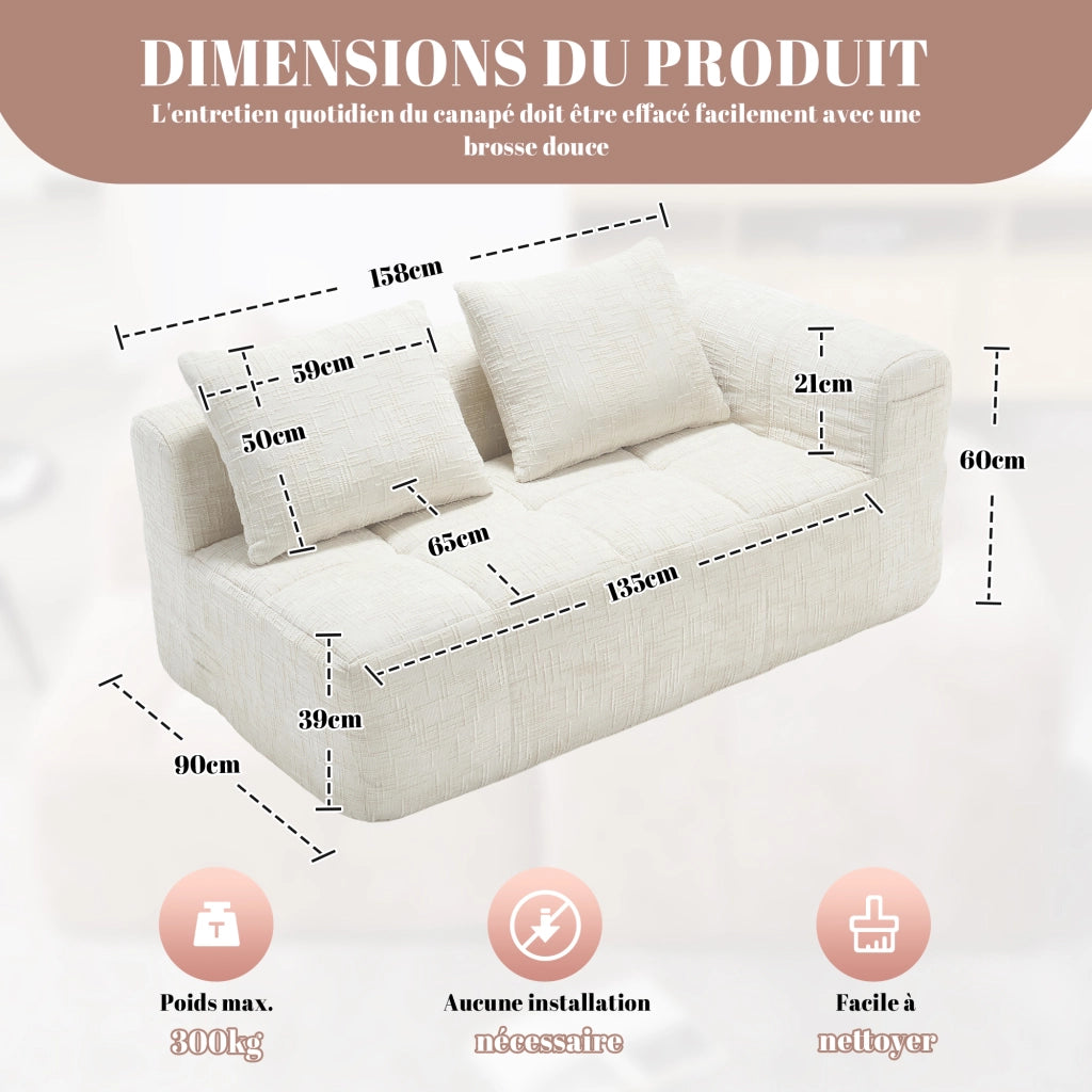 Divano 2 Posti con Cuscini e Tasche Laterali ¨C MINIMAL ¨C Beige, Tessuto Morbido
