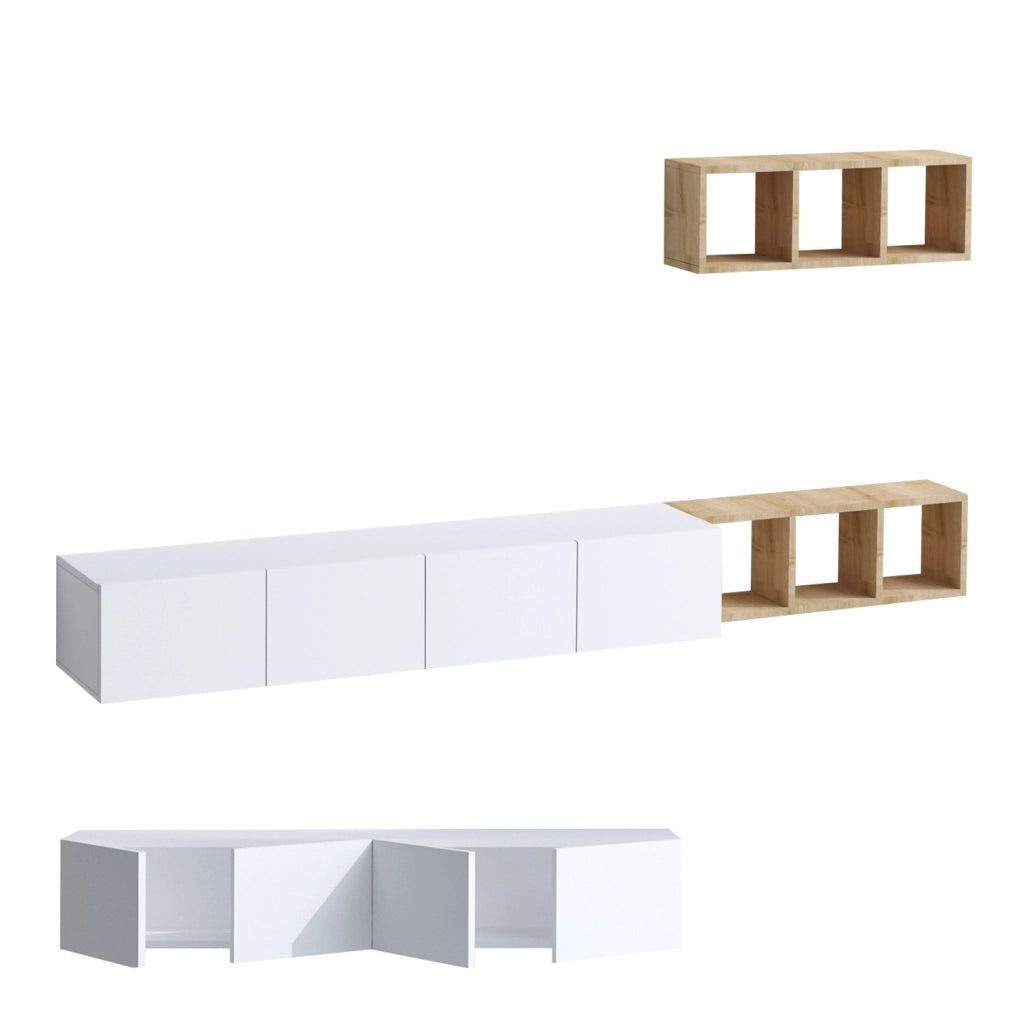 Mobile TV sospeso "Pia" con ripiano in legno - 215 x 32 x 25 cm - Bianco