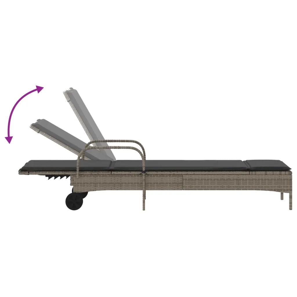 Lettino Prendisole con Ruote e Cuscino in Polyrattan Grigio 368310